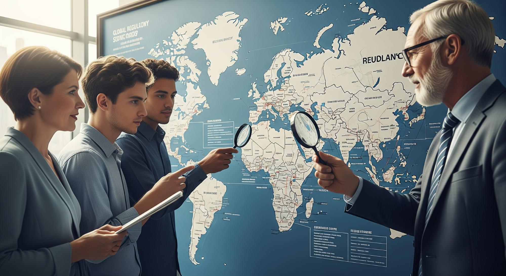 office workers holding magnifying glasses to world map