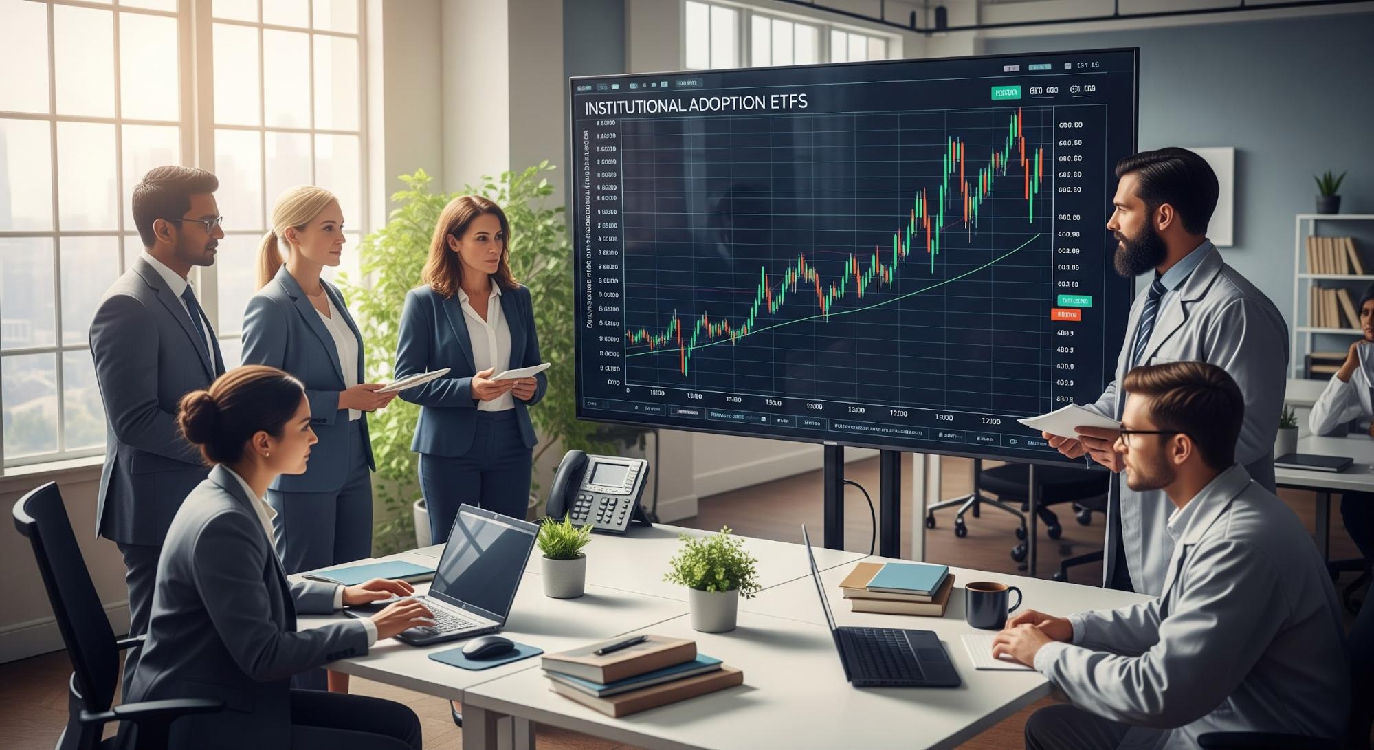 people standing around large screen chart